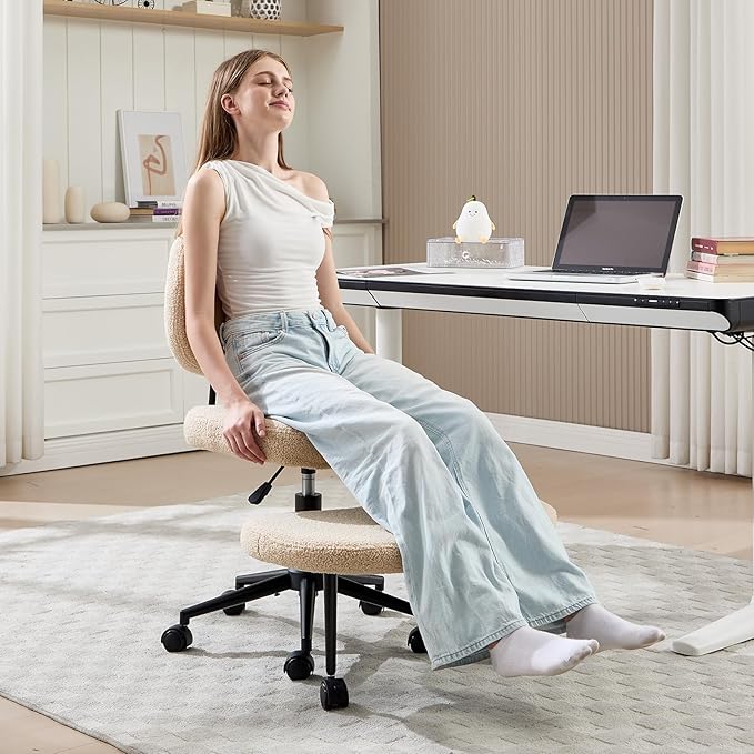 Cross Legged Office Chair, Ergonomic Criss Cross Desk Chair ADHD Meditation Yoga Kneeling Chair with Brake Wheels, Home Office Desk Chair with Adjustable Height, Lumbar Support (Beige)