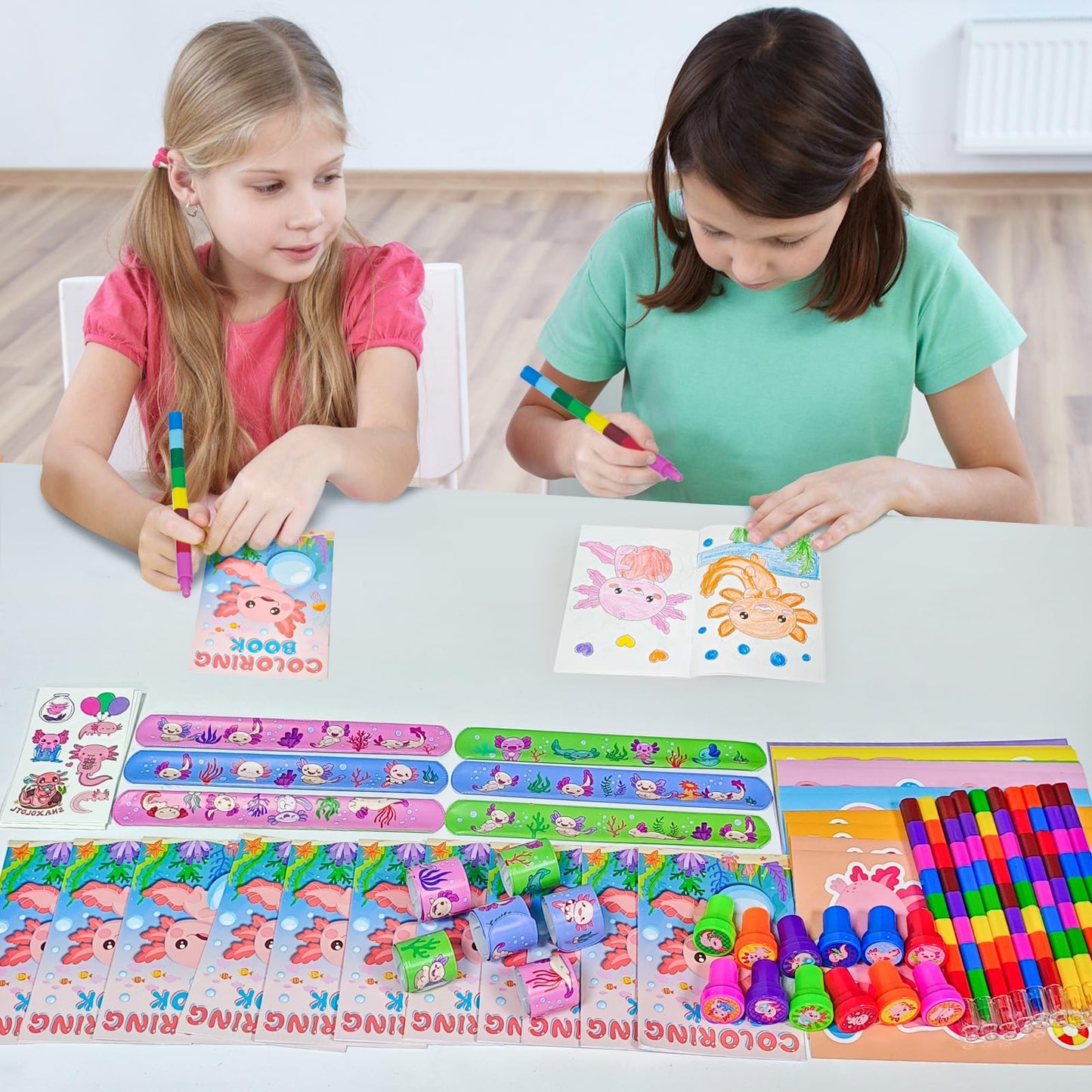 Cinrobiye 72 PCS Axolotl Party Favors Activity Set，Axolotl Coloring Books with Crayons Sticker Slap Bracelets Stampers，Amphibian Birthday Party Classroom Rewards Craft Goodie Bag Fillers Birthday