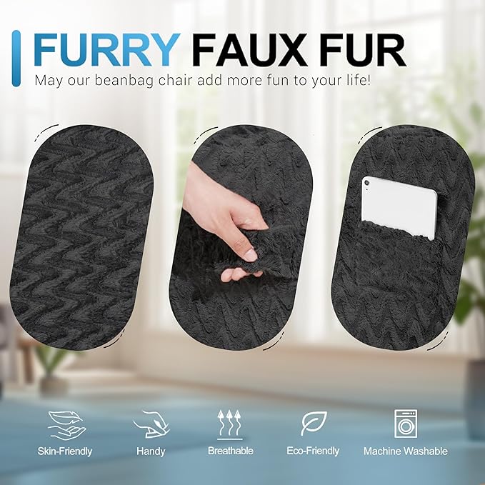 HABUTWAY 6FT Bean Bag Chair,Giant Bean Bag Chairs for Adults,Big Bean Bags with Memory Foam Filled, Large Beanbag Chairs with Chevron Plush Cover-Black