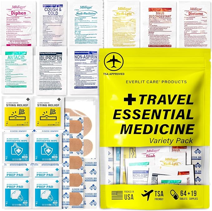 EVERLIT CARE Travel Essential Medicine First Aid Kit Refill Pack I Bonus Medical Supplies I TSA Compliant Mini Size Medkit...