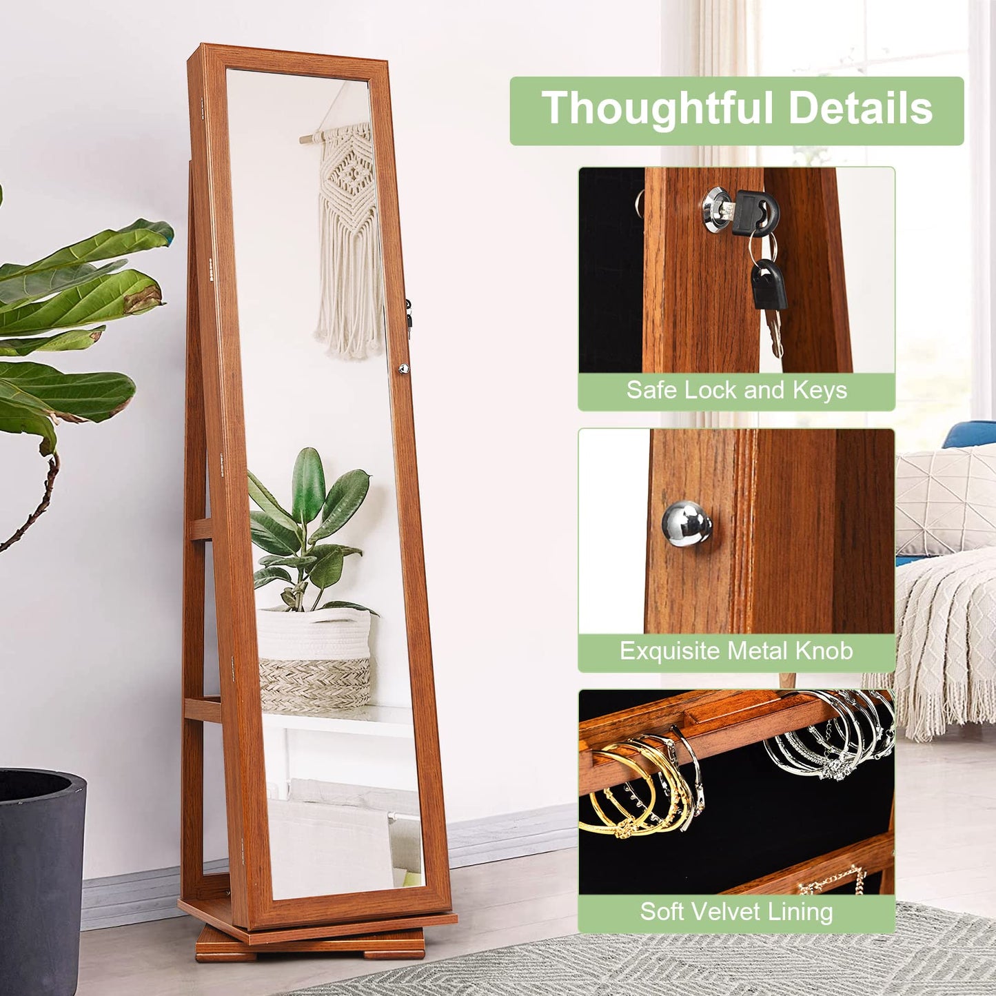 Byroce 360° Rotating Jewelry Organizer, Full Length Mirror with Storage, Lockable Jewelry Cabinet with Inside Makeup Mirror & 3-Tier Rear Shelves, Standing Jewelry Armoire (Walnut)