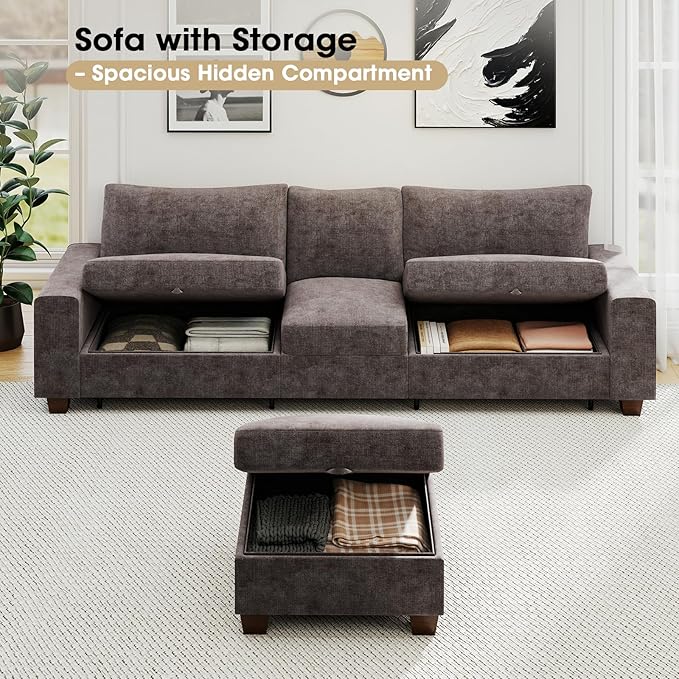 Couchus 112“ Convertible Storage Sectional Sofa,L Shaped Couch with Storage Ottoman,Multi-Functional Reversible Sofa with Huge Storage Space, Breathable Fabric(Dark Grey)