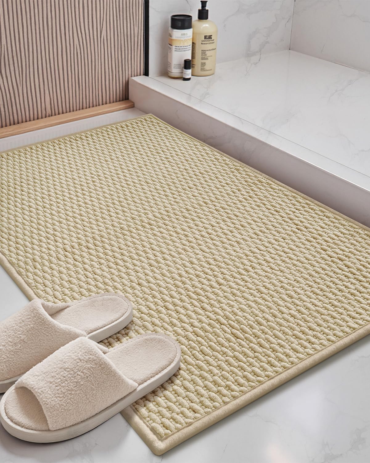 Color&Geometry Woven Chenille Bathroom Rugs Absorbent Non Slip, 16"x24" Light Yellow Bath Mat Washable, Small Bathroom Mat Quick Dry, Thin Bath Rugs Fit Under Door
