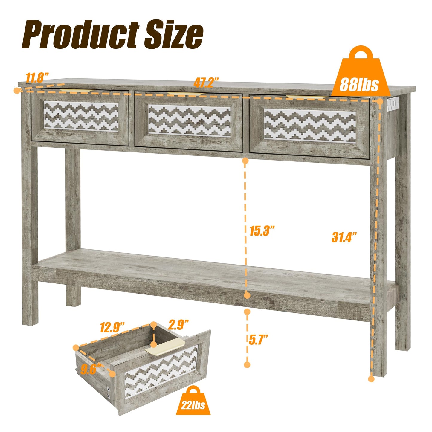 YOCONYO Entryway Table, Rattan Console Table with 3 Storage Drawers and Storage Shelf, Sofa Table with Socket, for Entryway, Living Room, Behind Couch and Hallway (Grey)