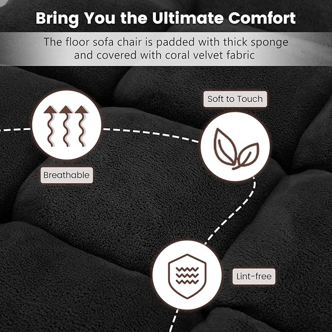 MAT EXPERT 14-Position Floor Chair, Floor Gaming Chair w/Soft Coral Fleece, Alloy Steel Frame, Padded Lazy Couch Recliner, Floor Chair with Back Support for Reading, Meditating, Playing Game (Black)