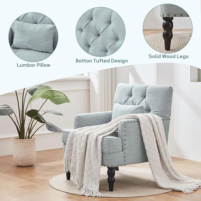 HUIMO Accent Chairs Set of 2, Tufted Club Chair Set of 2 with Lumbar Pillow,Upholstered Button Armchair, Linen Fabric Sofa Chairs for Bedroom, Living Room, Mid Century Modern Reading Chair,Light Blue