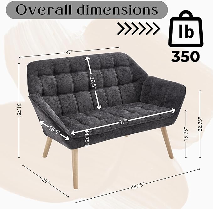 Hyfirm Small Loveseat Sofa, 48 inch Chenille Love Seat for Living Room Comfy Mini Couch with Wood Legs for Small Spaces Bedroom Apartment Office, Dark Grey