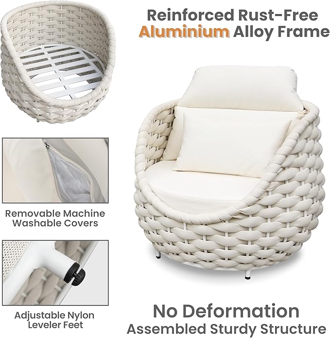 Erotr Metal Backyard Furniture Set: Aluminum Assembled Front Porch 4 Pieces Outdoor Set - Woven Rope Patio Conversation Set Modern - Cushioned Deck Couch Set Garden Sunroom Pool Hotel Resort, Beige