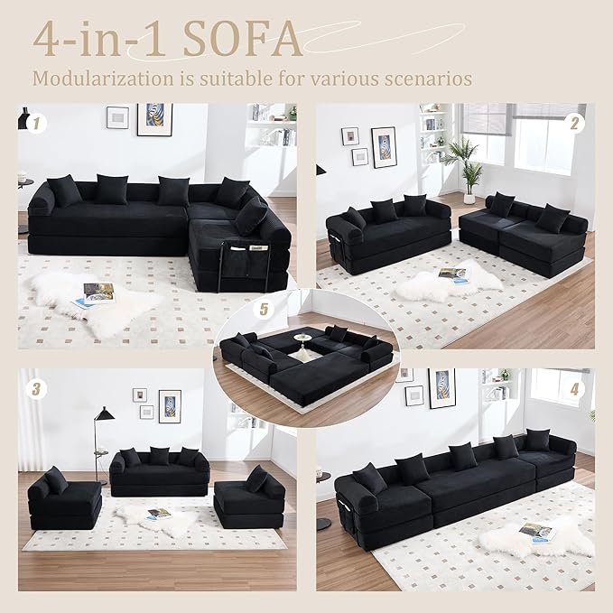 106" Oversized Convertible Sleeper Sofa Bed, Corduroy L Shape Sectional Couch, Folding Sofa Bed with Side Pocket, Modern Cloud Floor Mattress Couch, Modular Sofa for Living Room, Black