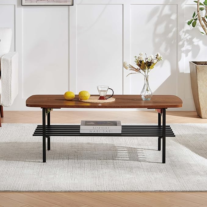 Pine Flicker Wood Folding Coffee Table, Mid-Century Modern Design, 2-Tier, L41*W19*H15 inch, for Living Room, Walnut Finish Wood Top and Black Metal Frame