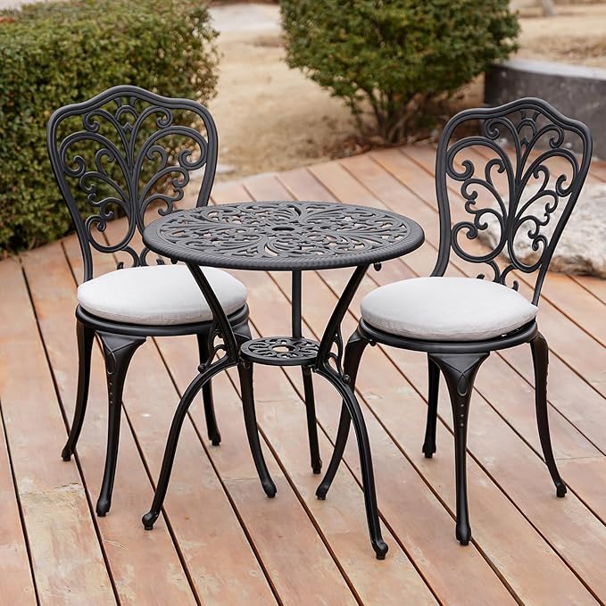Withniture 3 Piece Bistro Patio Set Cast Aluminum Bistro Table and Chairs Set of 2 with Cushion,Outdoor Bistro Table Set with Umbrella Hole,Metal Patio Furniture Set for Garden,Black
