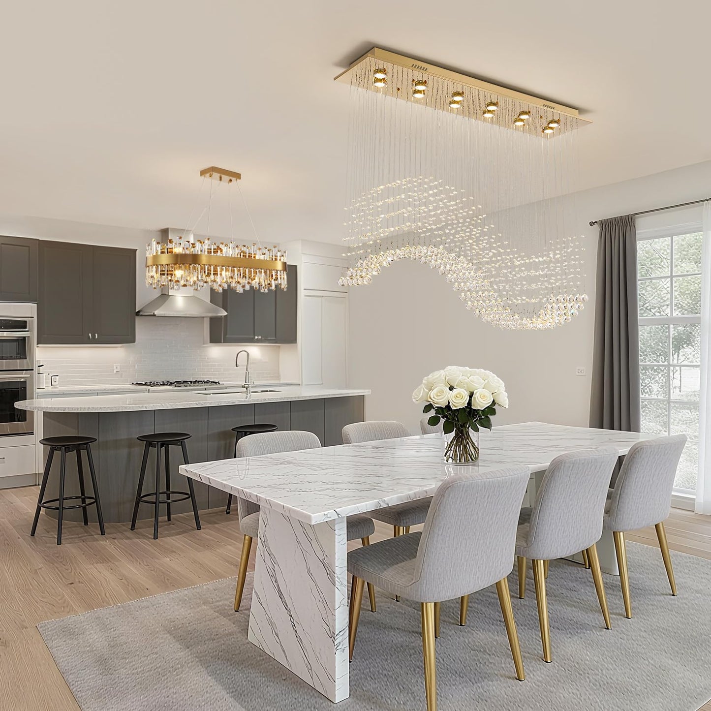 Siljoy 12-Lights Modern Crystal Chandeliers, Luxury Wave Raindrop Crystal Pedant Light Fixture, Rectangular Flush Mount Ceiling Light for Dining Room Living Room Kitchen Island 47 Inch