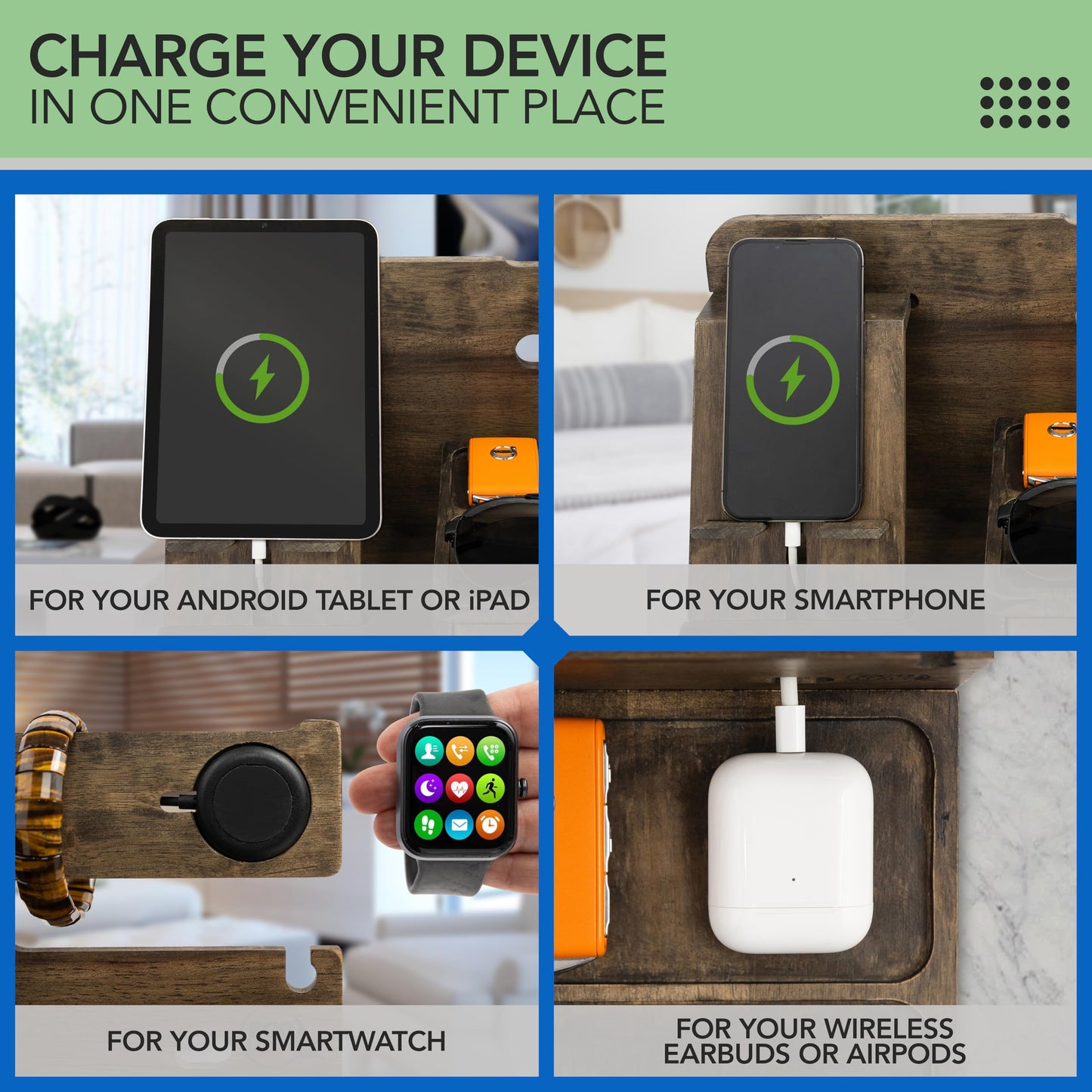 EcoLeafy Dot Nightstand Organizer- Bedside Docking Station for Men- Unique Gifts for Husband, Father or Dad from Wife, Son or Daughter- Desk Organizer for Phone, Watches, Wallet & Accessories (Rustic)
