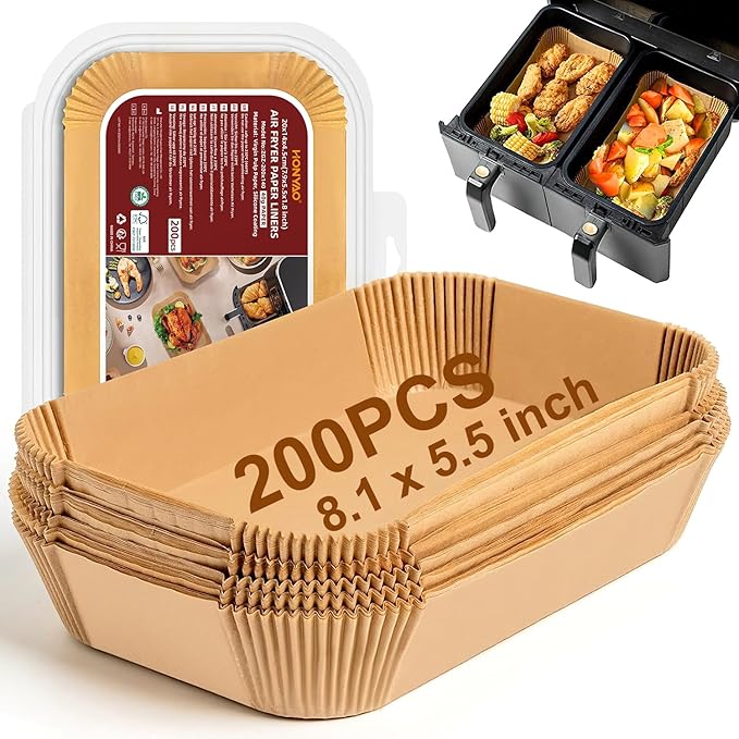 HONYAO Air Fryer Paper Liners for Dual Zone Airfryer, 200pcs 8.1x5.5 inch Rectangle Disposable Inserts for Ninja Foodi DZ201 DZ401 DZ550 other 8-10 qt 2-Basket Air Fryers, Food Grade BPA Free