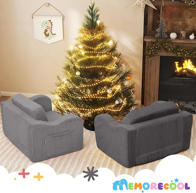 MeMoreCool Toddler Chair Comfy for 1-3 Years Old, Corduroy Kids Couch Bed Fold Out, 2-in-1 Foldable Baby Lounge Chair, Pull Out Children Sofa Bed, Light Grey