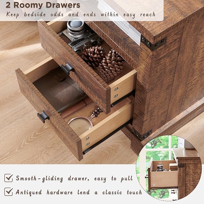 Farmhouse Nightstand with Charging Station, 18" Rustic Night Stand with 2 Storage Drawers, Wood End Table for Bedroom, Living Room, Reclaimed Barnwood
