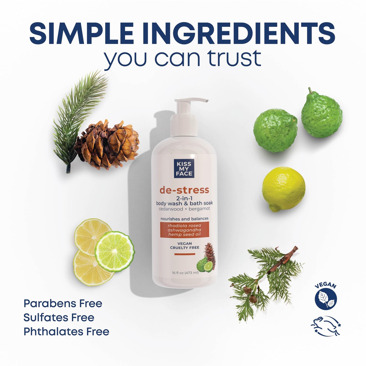 Kiss My Face De-Stress 2-in-1 Body Wash & Bath Soak Cedarwood + Bergamot - Vegan Body Wash - 16 oz Bottle with Pump (Cedarwoord
