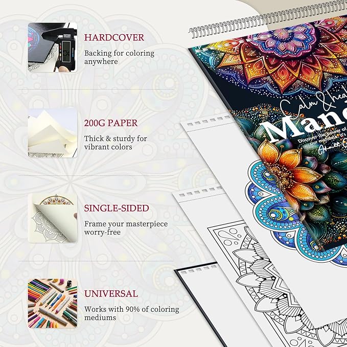Mandala Coloring Book for Women Relaxation, 50 Patterns Spiral Bound Mindfulness Coloring Books for Adult with 36 Dual-tip Markers, Inspirational Gift for Women, Hardcover Adult Coloring Books Set