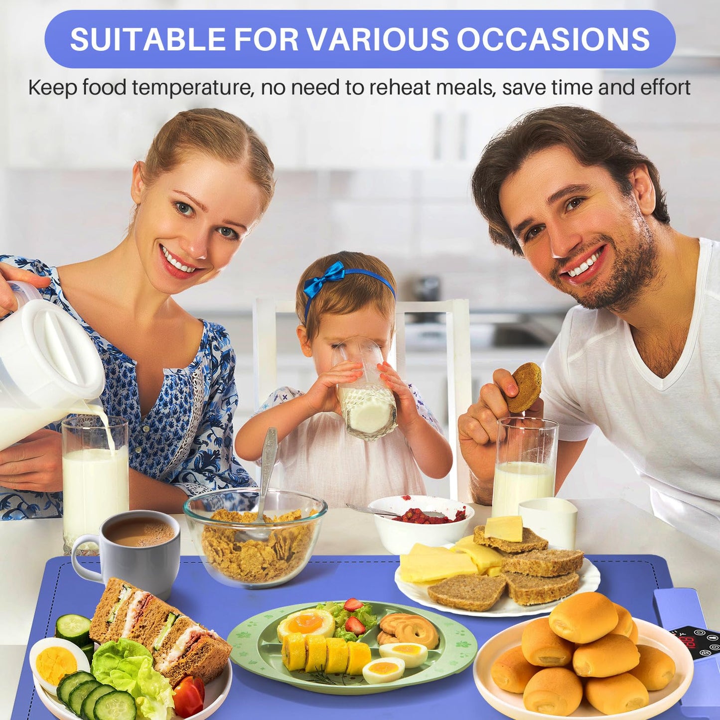 CJC Warming Mat for Food-Electric Warming Tray and Full Surface Heating,5 Temp Settings,4H Timer,Rollable Portable,24H Heating by Appointment,with 2M Cable,for Parties Gatherings Daily Use（Blue）