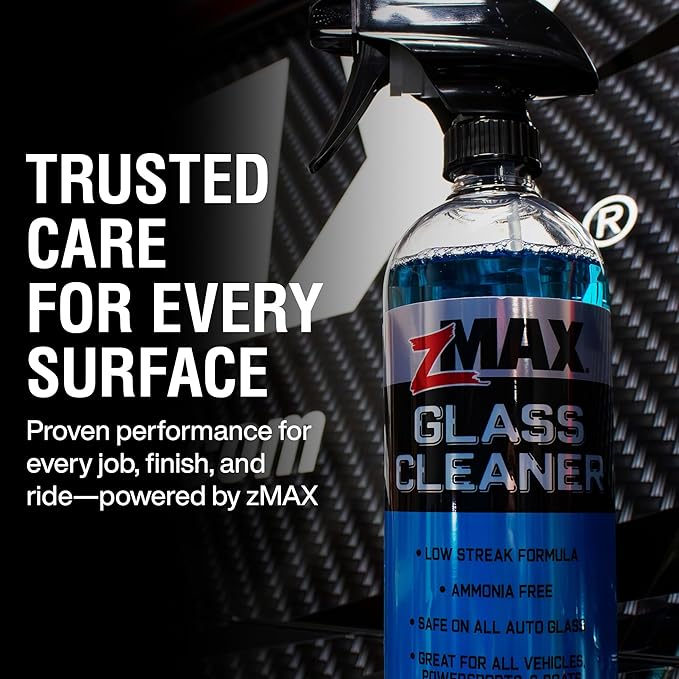 zMAX Glass Cleaner, 24 oz - Safe on All Auto Glass, Chrome Finishes, Mirrors, Windows, and Windshield - Streak-Free, Non-Abrasive, & Ammonia Free Window Cleaner for All Vehicles, Powersports, & Boats