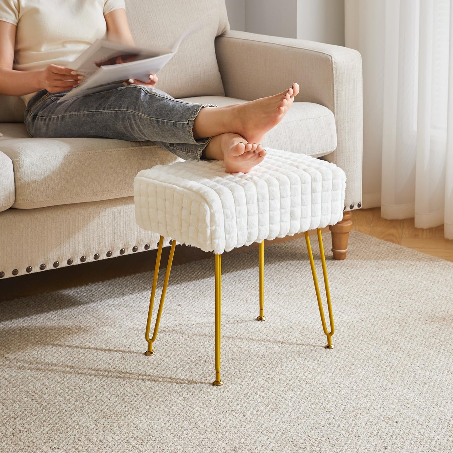 IBUYKE Rectangular Footrest Stool Ottoman, Makeup Vanity Stool Side Table, Velvet Dressing Table Seat, Footstool Chair, Golden Steel Legs, for Makeup Room, Bedroom, Square Grid Pattern, White WBD003W