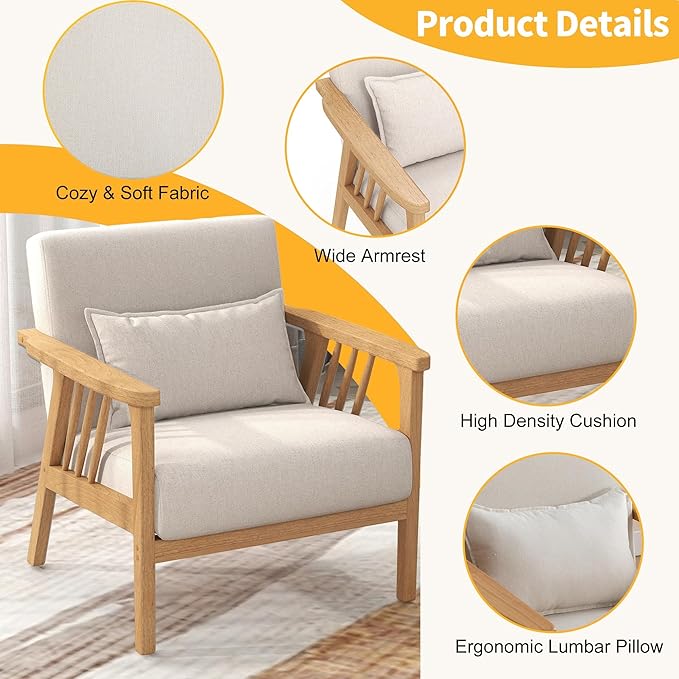 SEYNAR Mid-Century Accent Chair, Linen Fabric Armchair and Lounge Chair with Lumbar Pillow, Wide Seat & Solid Wood Frame for Living Room, Bedroom or Balcony(Beige)
