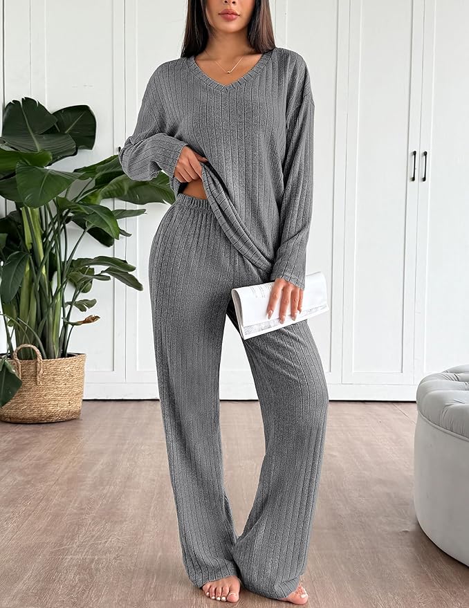 Ekouaer Lounge Sets for Women Long Sleeve Knit Ribbed Pajama Sets 2 Piece Casual Loungewear with Pockets
