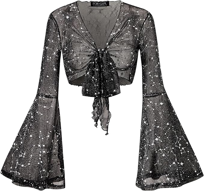 For G and PL Women Tie Front Bell Sleeve Rave Crop Tops Floral Print Hippie Mesh Sheer Shirt