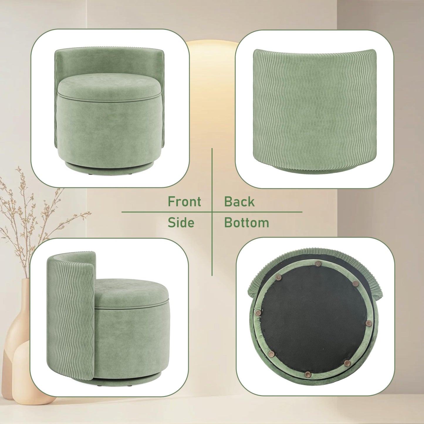 allamazing 360° Swivel Accent Chair with Storage, Vanity Stool with Back, Velvet Storage Ottoman, Upholstered Round Barrel Vanity Chair for Living Room, Makeup Room, Bedroom (Green)