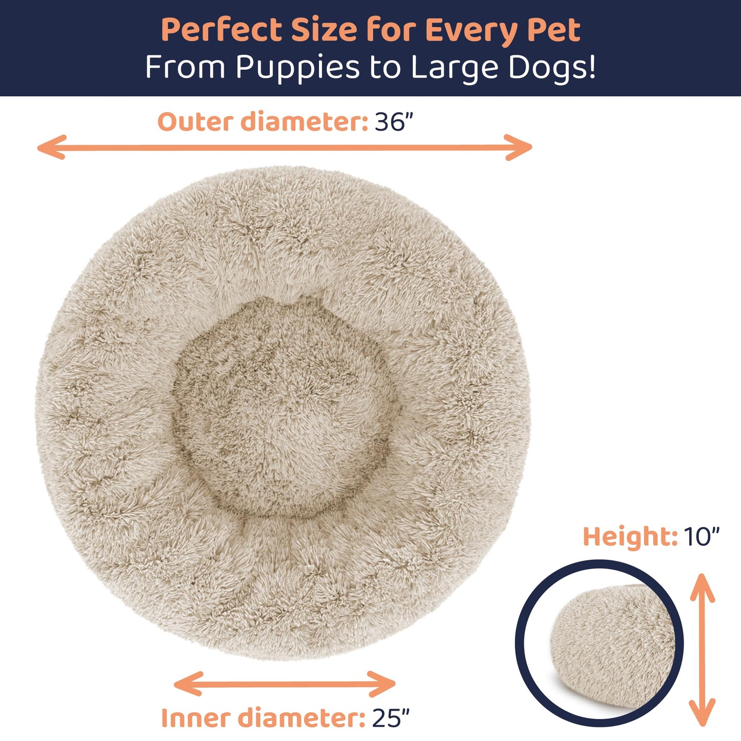 Petloox Donut Dog Bed - Premium Comfort for Anxiety Relief - Fluffy & Calming Design with Ultra-Plush Support | Cozy Round Dog Bed with Super Soft Circle Style (Size L Beige)