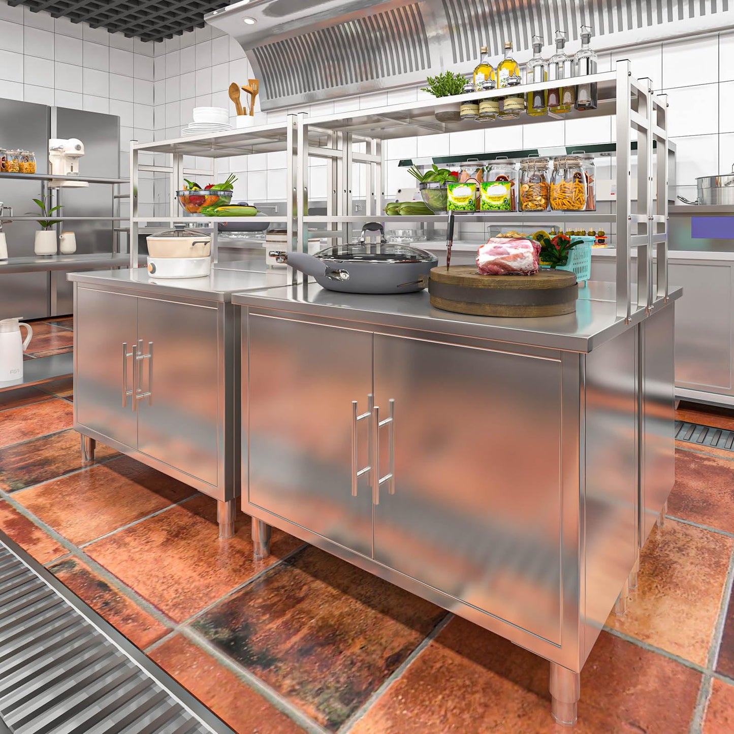JFHID Stainless Steel Table with Cabinet 40"x20" Prep Worktable for Commercial Kitchen Steel Countertop with Adjustable Tier & Cabinet Shelf Work Table Workbench for Home Restaurant
