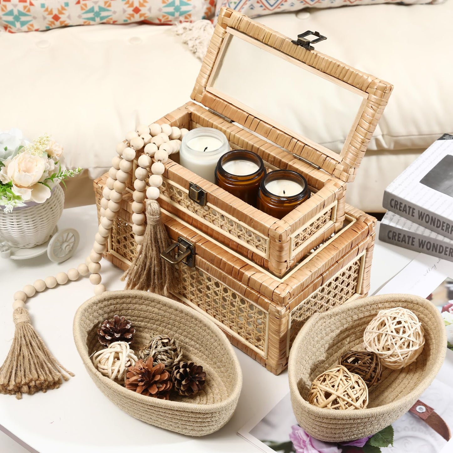 LOYIM Set of 2 Boho Rattan Decorative Box with Glass Lid Rectangular Woven Cane Stacking Boxes for Display Rustic Farmhouse Storage Basket Bins for Home Decoration