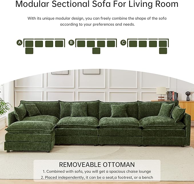 saows Modular Sectional Sofa, 147.2 Inch L Shaped Couch Set with Armrests, 4-Seater Comfy Cloud Couches with Movable Ottoman for Living Room Apartment, Green
