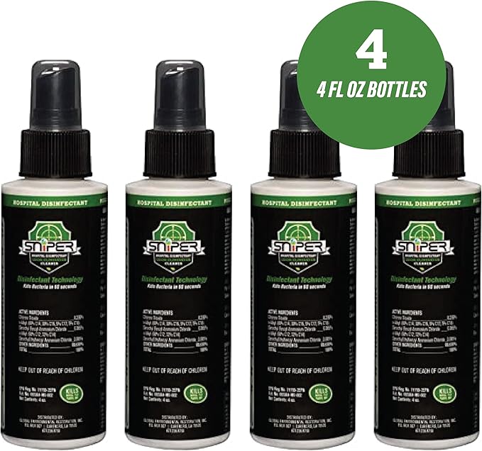 SNiPER Hospital Disinfectant, Odor Eliminator & All-Purpose Cleaner, 4 Ounce Spray, 4-Pack