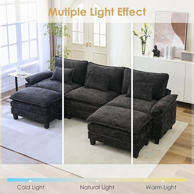 URRED Cloud Couch Modular Sectional Sofa, 122" Modern U Shaped Deep Seat Sofa with 2 Ottomans & Pillows, Ultra Comfy Chenille Couches for Living Room, Bedroom or Apartment, Black