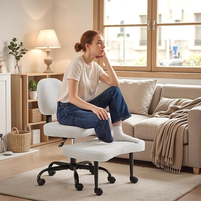 Homall Ergonomic Cross Legged Office Desk Chair with Wheels, 360° Swivel and Adjustable Height for Meditation and ADHD,Criss Cross Kneeling Chair with Lumbar Support (Teddy Fabric, White)