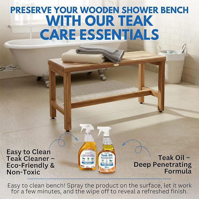 EcoDecors Eleganto 35 Inch Natural Color Waterproof Teak Wood Shower Bench Stool Seat Chair For Inside Shower Provides Safety, Storage, and Organization For Bathroom Accessories