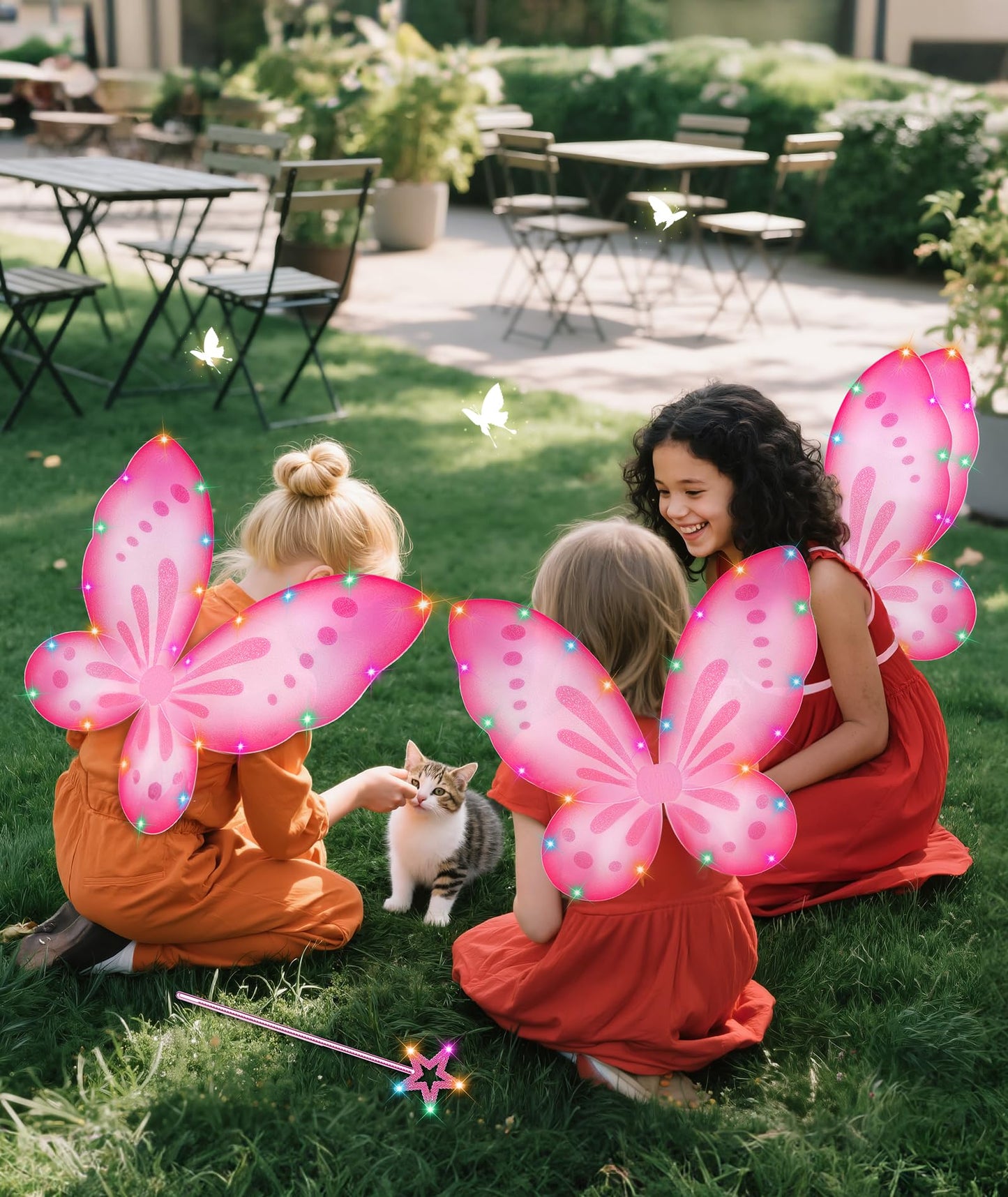 DUDUCOFU Girls Fairy Butterfly Wings with LED Light, Fairy Wings Light Up Star Wands for Girls Kids Women Halloween Dress Up (Pink)