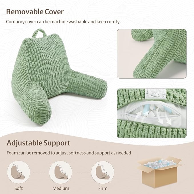 Blissful Diary Reading Pillow, Backrest Pillow with Shredded Memory Foam for Adult & Children, Designed for Bed and Couch Sitting Up, Includes Arms, Pockets and Washable Cover, Sage Green