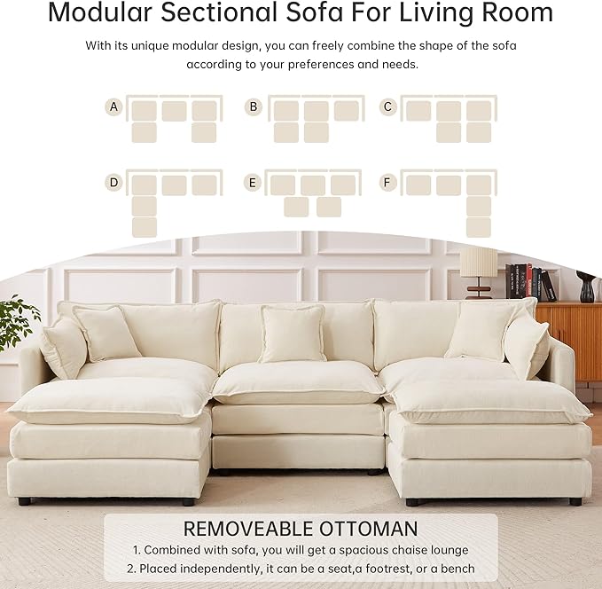 saows Modular Sectional Sofa, 112.2 Inch U Shaped Couch Set with Armrests, 3-Seater Comfy Cloud Couches with Movable Ottoman for Living Room Apartment, Beige
