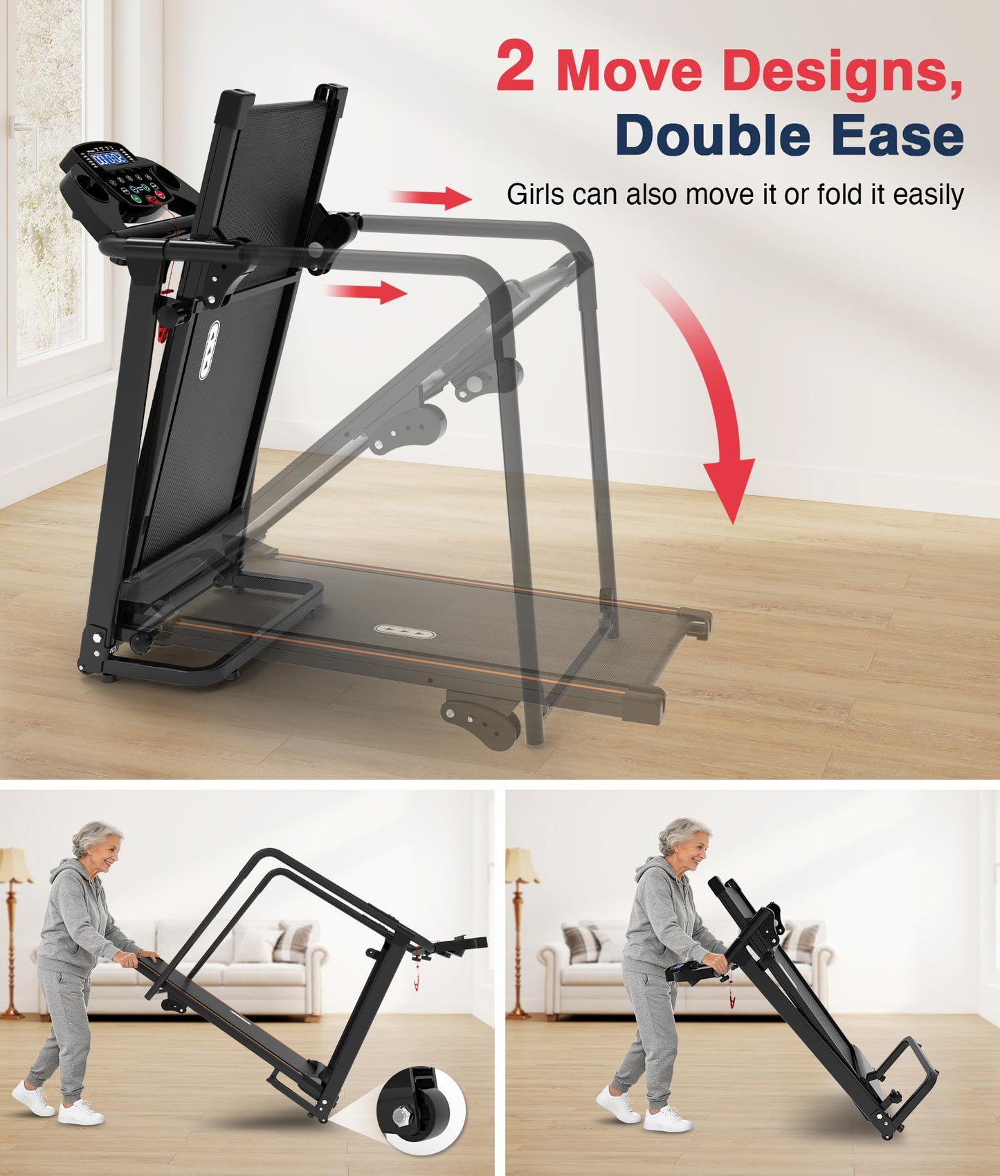 Redliro Treadmill for Seniors with Long Handrails - 300 lb Capacity, 0%-2% Incline, Foldable Compact Rehab Walker with Screen-Off & Mute Buttons, Wheels, Cup/Phone Holder for Home Apartment Exercise
