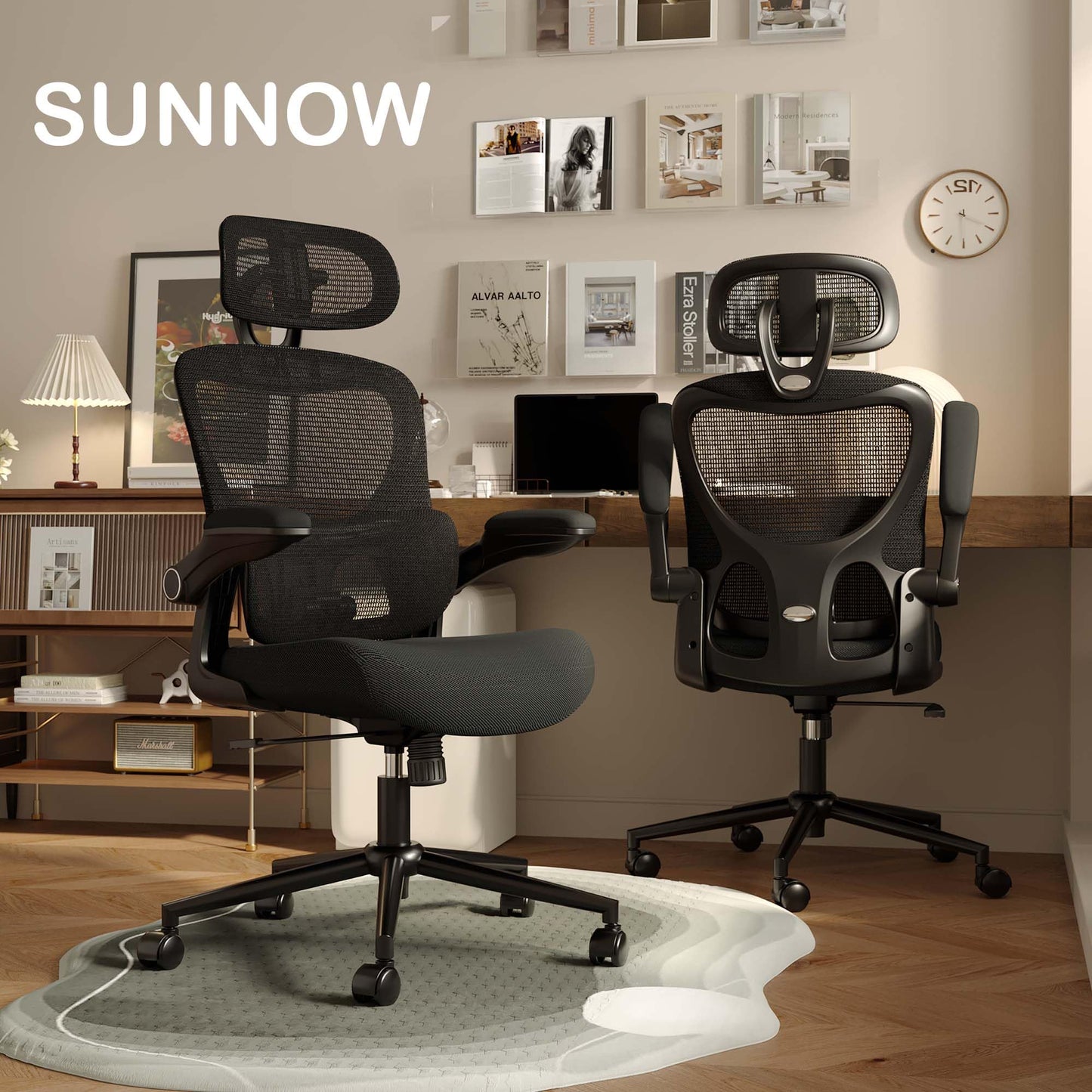 SUNNOW Ergonomic Office Chair, Comfy Mesh Desk Chair, High Back Computer Gaming Chairs with Adjustable Lumbar Support, Flip-Up Arms, Headrest, Tilt Function, Wide Cushion, Swivel Wheel, BIFMA Quality
