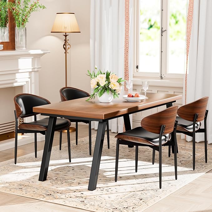 YaFiti Dining Chairs Set of 4, Dining Room and Kitchen Chairs, Mid Century Modern Retro Chair, Upholstered PU Leather Chairs for Vanity with Walnut Bentwood and Metal Legs (Black)