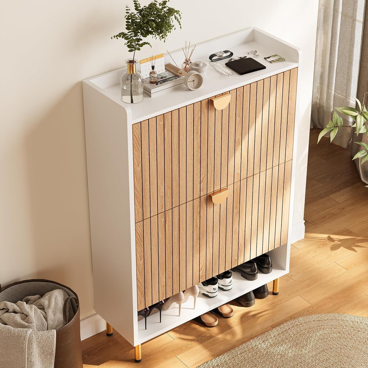 astimey Shoe Storage Cabinet with 2 Flip Drawers 46'' Tall, 7-Tier Hidden Shoe Organizer, Narrow Shoe Rack Cabinet, Freestanding Organizer for Entryway/Hallway/Closet, Wood