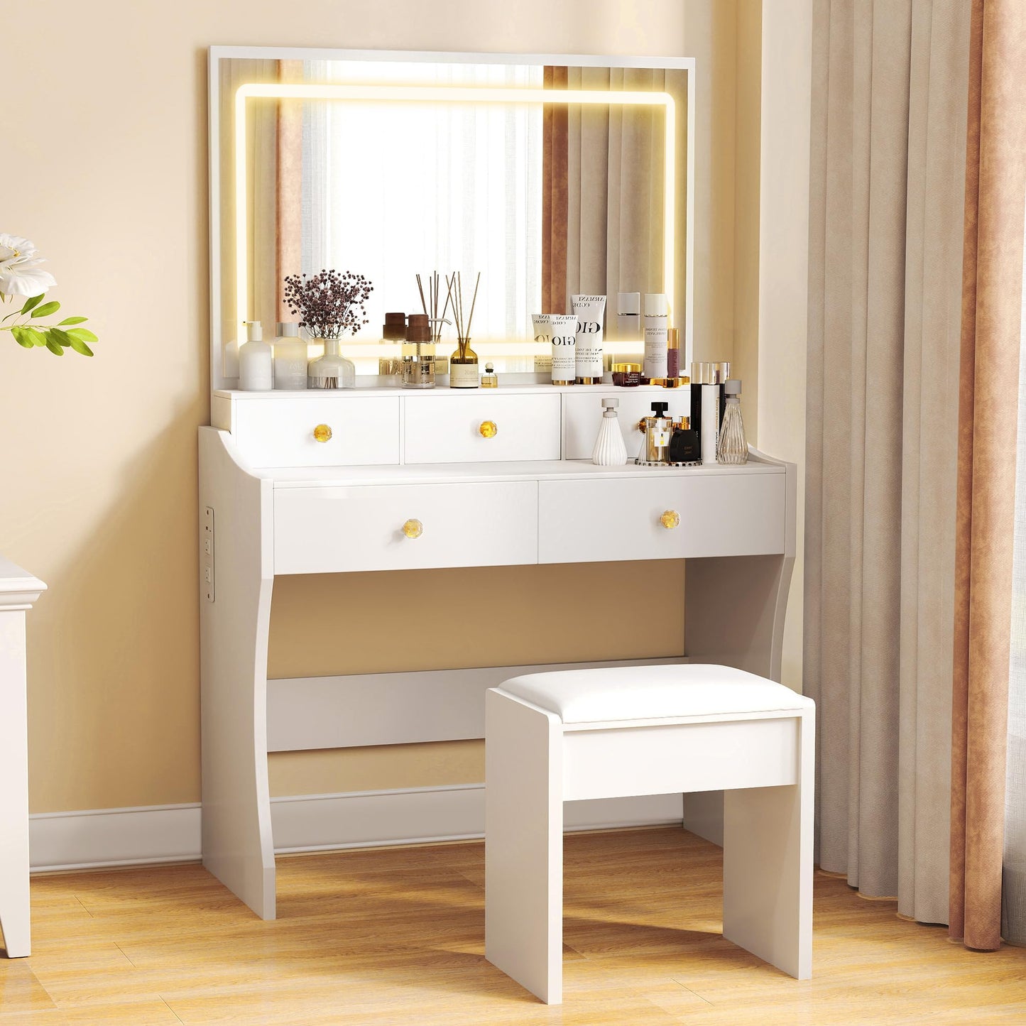 COMHOMA Makeup Vanity Desk with Mirror and Lights, Vanity Table and Chair Set with 5 Drawers and Charging Station, Bedroom Dresser LED Mirror Stepless Dimmable & 3 Color Modes Adjustable, Pure White