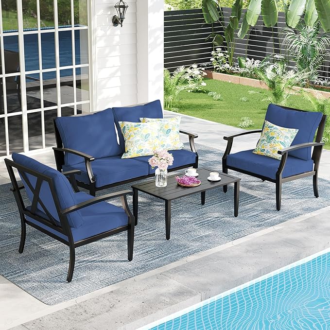 SunloungeCo 4-Piece Patio Furniture Set, Wider Outdoor Metal Seating Sofa with High Back & Loveseat, Coffee Table, All Weather Metal Conversation Set for Backyard, Poolside, Deck-Navy