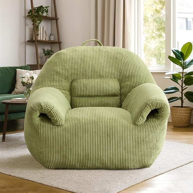 Peace nest Bean Bag Chair with Memory Foam Filled Ultra Soft Corduroy Cover for Adults Comfy Fur Bean Bag Chairs with Armrests for Bedroom Living Room Office Dorm Reading Green