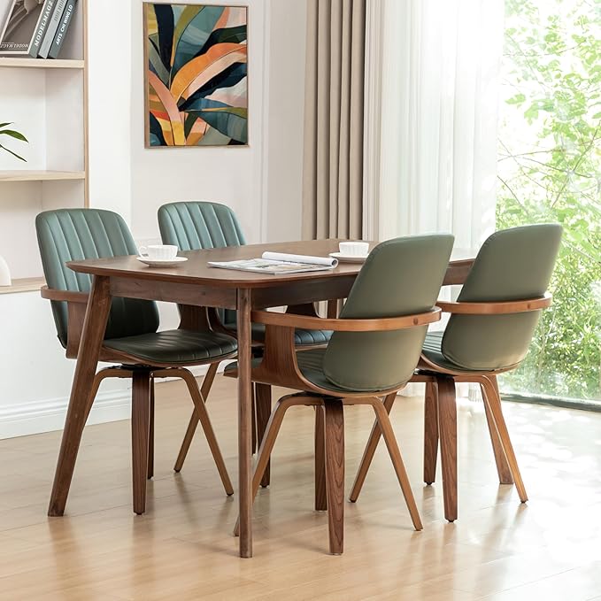 WUPOTO MCM Dining Chairs, Set of 4 Mid Century Modern Chairs with Walnut Craftsmanship, Upholstered Faux Leather, Wooden Arms and Legs, Faux Leather Dining Chairs for Kitchen/Living Room - Green