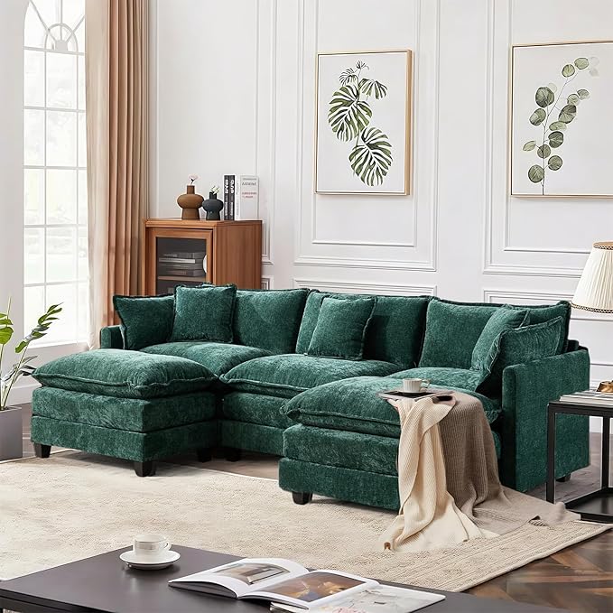 SoarFlash 113.78" Chenille Sectional Sofa, Comfy U Shaped Modular Coush Sofa with Ottoman, Modern 4 Seat Couch Deep Seat Sofa Set for Living Room,Green