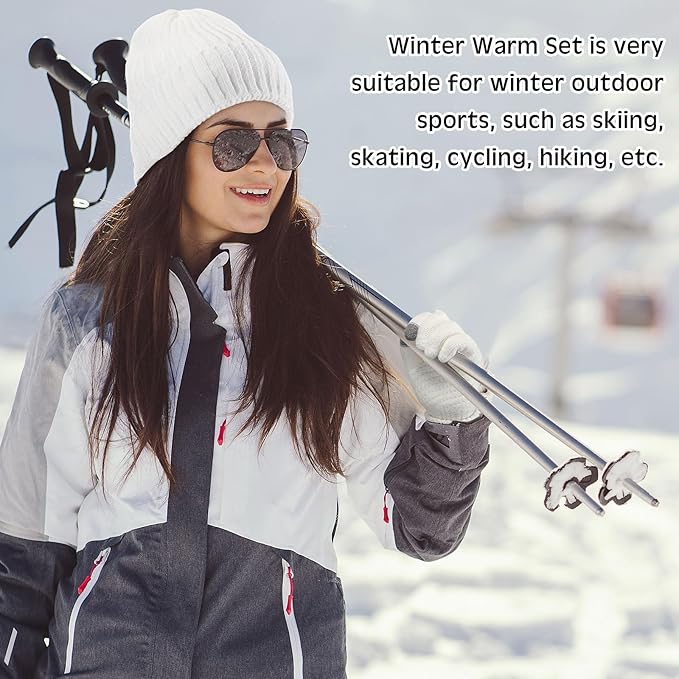 SATINIOR 5 Pcs Winter Beanie Hat Scarf Gloves Set Fleece Lined Knit Hat Warm Touch Screen Gloves Earmuff Warmer for Women(White,Fashion Style)